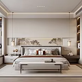 Modern Bedroom Interior Design With Chinese Landscape Painting Pendant Lights And Bedside Tables