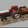 Red Tractor Model With Attached Trailer On Dirt Base And Weeds 3d model