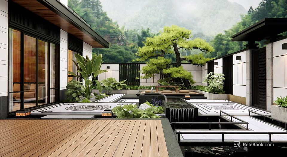 Modern Courtyard Garden With Wooden Deck Green Plants Pine Tree And Water Feature 3d model 