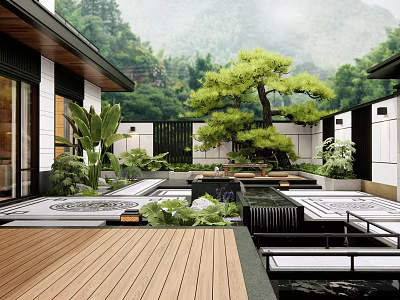 Modern Courtyard Garden With Wooden Deck Green Plants Pine Tree And Water Feature 3d model