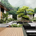 Modern Courtyard Garden With Wooden Deck Green Plants Pine Tree And Water Feature