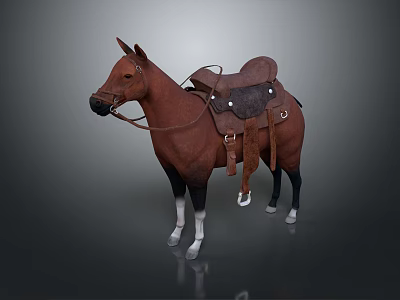 Equestrian Character And Brown Horse With Saddle Bridle Standing On Dark Gray Background 3d model