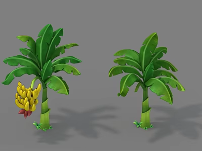 Two Banana Trees with Green Leaves and One Bearing Yellow Banana Bunch 3d model