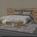 Double Bed with Wooden Headboard Gray Pillows Light Quilt Bench Wicker Basket and Side Table