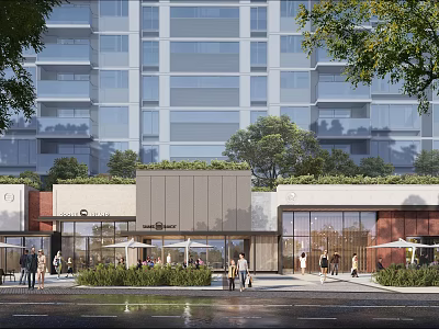Modern Commercial Street With High Rise Buildings Greenery Outdoor Seating And People 3d model
