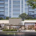 Modern Commercial Street With High Rise Buildings Greenery Outdoor Seating And People