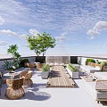 Rooftop Garden With Wooden Walkway Outdoor Wicker Furniture Green Plants And Sunset View