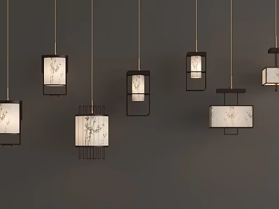 Chinese Style Pendant Lights With Wooden Frame White Lampshade And Floral Pattern For Interior Decoration 3d model