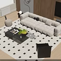 Modern Beige Sofa And Coffee Table Set With Diamond Pattern Rug Fruit And Books 3d model