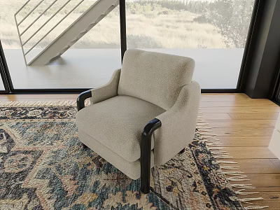 Light Beige Single Sofa With Black Wooden Arms On Patterned Rug And Wooden Floor 3d model