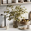 Stylish Kitchenware Display With Greenery And Woodenware