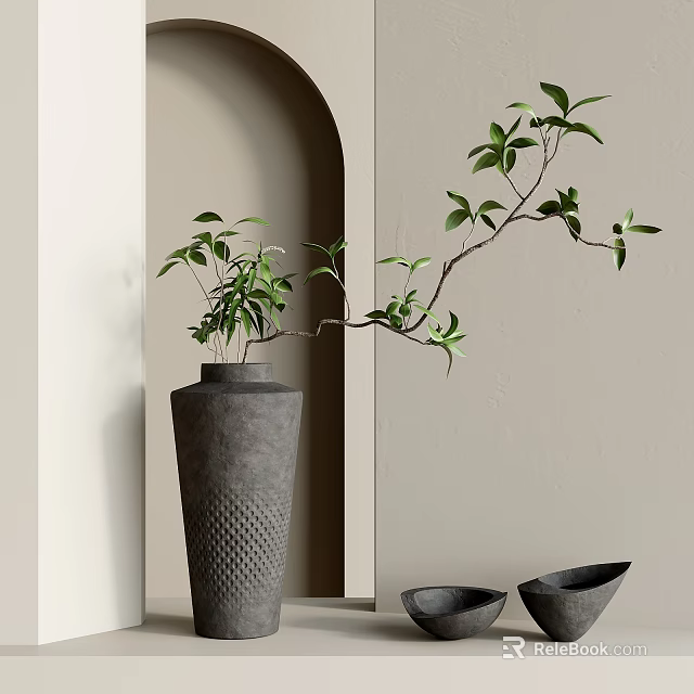 Gray Textured Vase With Green Foliage Against Beige Wall And Archway Interior Scene 3d model 