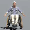 Game and Movie Character Seated in Wheelchair With Gray Hair Purple Shirt Beige Pants and Scarf