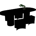 Black Oval Dining Table with Cube Structures Below and Transparent Vase with Green Plant 3d model