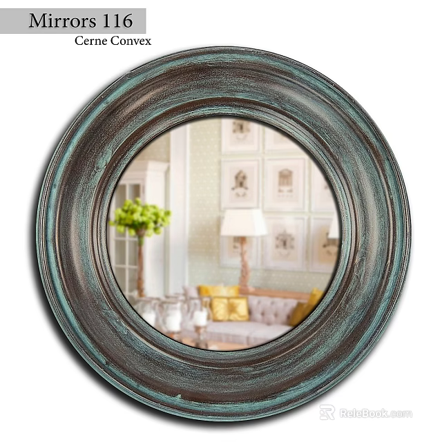 Round Rustic Framed Mirror Reflecting Living Room With Sofa And Green Plant 3d model 