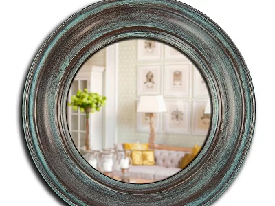 Round Rustic Framed Mirror Reflecting Living Room With Sofa And Green Plant 3d model