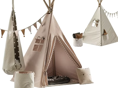 Kids Room Decor With Pink White Teepees Hanging Chair Bunting Flags Small Pillows Storage Baskets 3d model