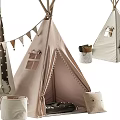 Kids Room Decor With Pink White Teepees Hanging Chair Bunting Flags Small Pillows Storage Baskets