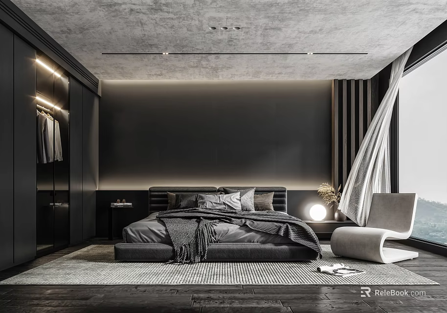 Modern Bedroom Interior With Dark Gray Walls Black Headboard Gray Bedding And White Accent Chair 3d model 