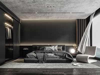 Modern Bedroom Interior With Dark Gray Walls Black Headboard Gray Bedding And White Accent Chair 3d model