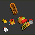 Various Fast Food Selection With Burger Hotdog Fries Taco Drinks And Condiments