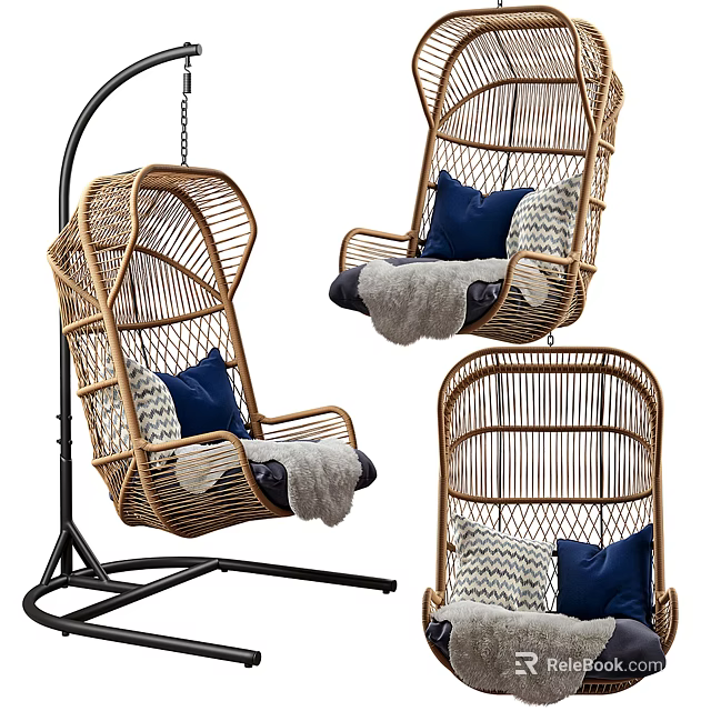 Stylish Rattan Hanging Chair With Blue Cushions And Gray Throw Blanket On Black Metal Stand 3d model 