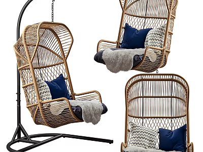 Stylish Rattan Hanging Chair With Blue Cushions And Gray Throw Blanket On Black Metal Stand 3d model
