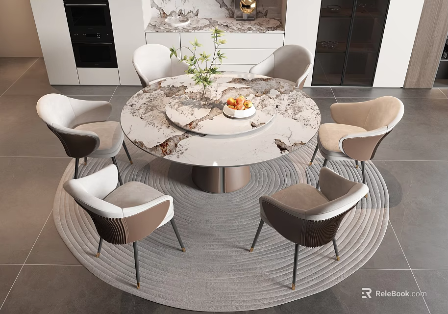 Modern Elegant Dining Table Set With Marble Top Six Chairs Round Rug And Decorative Plants 3d model 