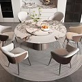 Modern Elegant Dining Table Set With Marble Top Six Chairs Round Rug And Decorative Plants
