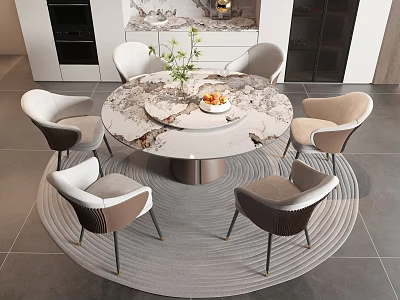 Modern Elegant Dining Table Set With Marble Top Six Chairs Round Rug And Decorative Plants 3d model
