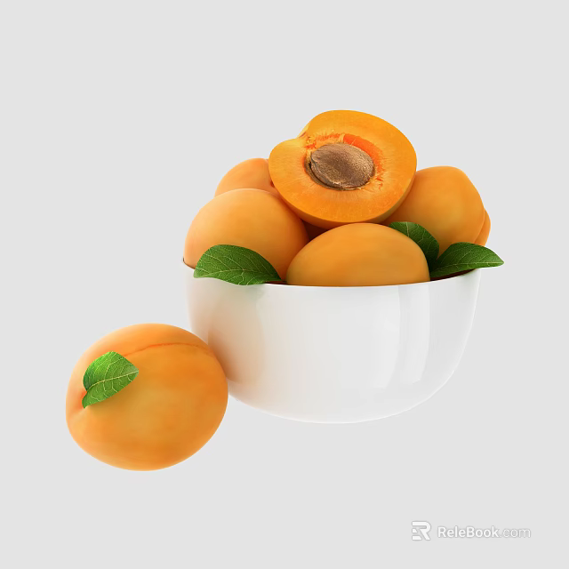 Fresh Ripe Apricots in White Bowl with Cut One Showing Pit and Green Leaves 3d model 