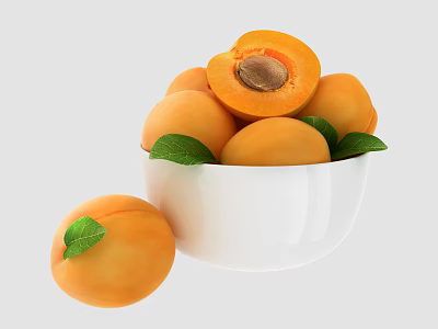 Fresh Ripe Apricots in White Bowl with Cut One Showing Pit and Green Leaves 3d model