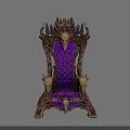 Ornate Throne Chair With Purple Padded Seat Skull Decorations And Metal Carvings