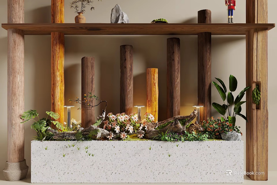 Natural Wooden Pillars and Decorative Stones with Plants Flowers in Indoor Decor Arrangement 3d model 