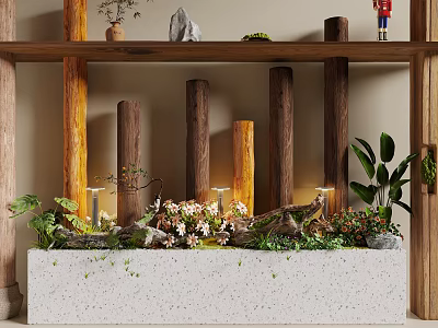 Natural Wooden Pillars and Decorative Stones with Plants Flowers in Indoor Decor Arrangement 3d model