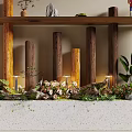 Natural Wooden Pillars and Decorative Stones with Plants Flowers in Indoor Decor Arrangement