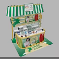 Commercial Exhibition Booth Equipment With Green And White Striped Awning Product Display Shelves And Counter
