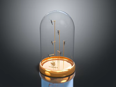 Transparent Glass Dome Display With Golden Metal Structures On Golden Base Featuring Logo Design 3d model