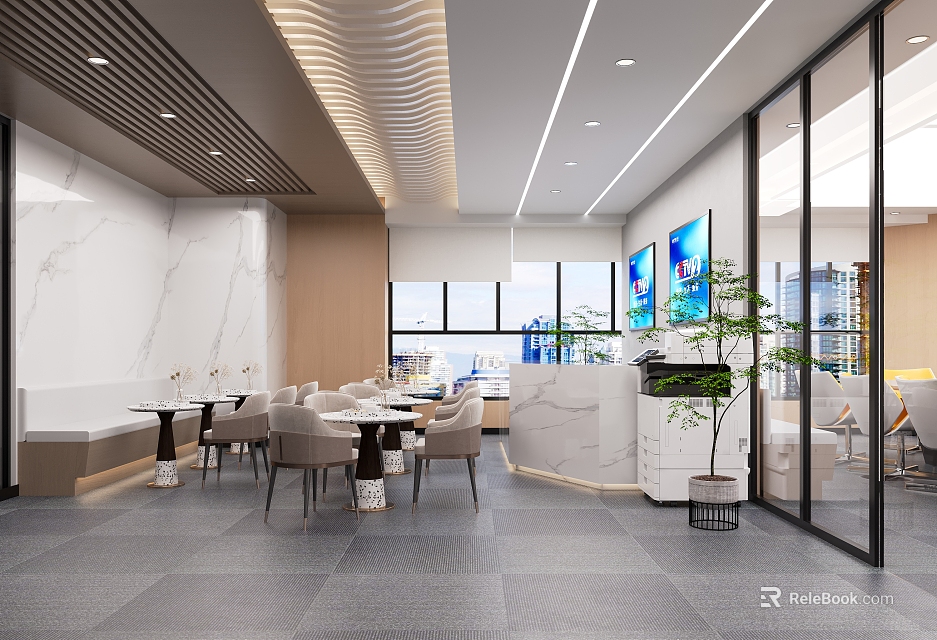 Modern Tea Room Interior Design With Marble Tables Chairs And Green Plants 3d model 