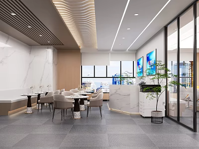 Modern Tea Room Interior Design With Marble Tables Chairs And Green Plants 3d model