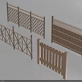 Wooden Railings With Various Designs Including Lattice Patterns And Vertical Slats 3d model