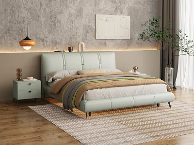 Light Green Leather Double Bed with Nightstands Minimalist Painting and Green Plant on Striped Rug 3d model