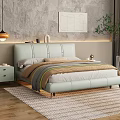 Light Green Leather Double Bed with Nightstands Minimalist Painting and Green Plant on Striped Rug