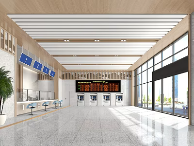 Modern Station Hall Interior With Glass Windows Self Service Kiosks And Digital Displays 3d model