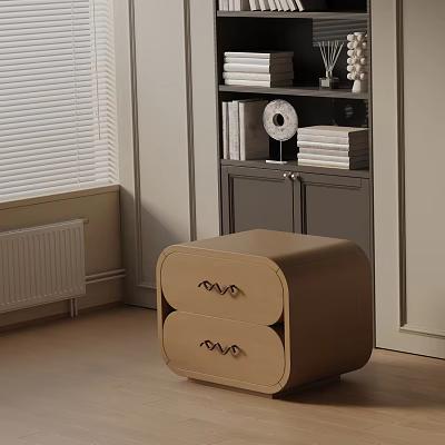 Light Wood Bedside Table With Two Drawers Metal Handles Near Grey Cabinet And Window Blinds 3d model