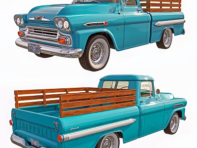Vintage Blue Classic Truck With Wooden Bed Rails Front And Rear Views Retro Design 3d model