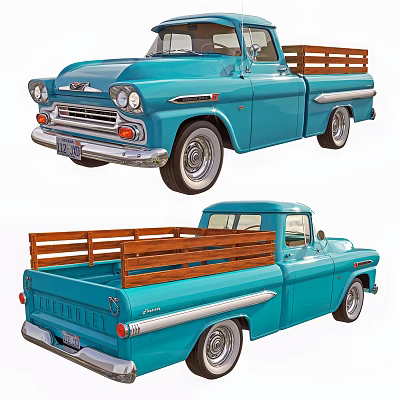 Vintage Blue Classic Truck With Wooden Bed Rails Front And Rear Views Retro Design 3d model
