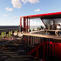 Modern Red Container Building Coffee Shop With Outdoor Terrace And Large Windows