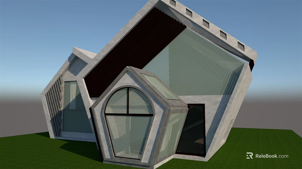 Modern Geometric Architectural Design With Concrete Glass Structure Sloped Roof On Lawn 3d model 