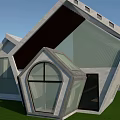 Modern Geometric Architectural Design With Concrete Glass Structure Sloped Roof On Lawn